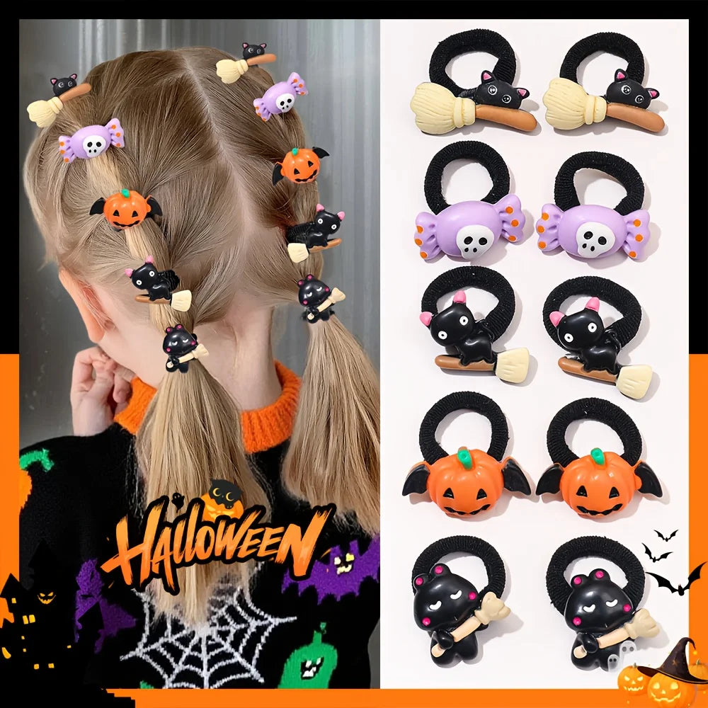 10Pcs Children's Girls' Halloween Hair Ring - Funny Pumpkin and Ghost and Bat Cat Design Suitable for Halloween Gifts for Girls