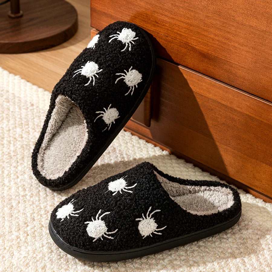 Women Halloween Fashion Cute Little Spider Winter Slippers Indoor Warm Comfort Soft Sole Non Slip Leisure Bedroom Plush Shoes