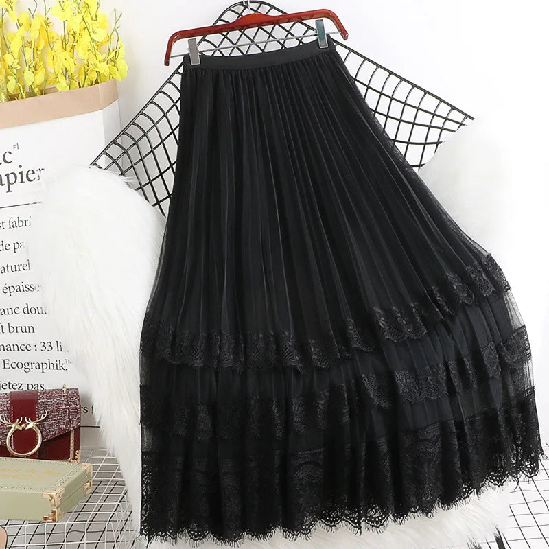 Fashion High Waist Tulle Midi Skirts Woman Lining Mesh Lace Patchwork Kawaii Harajuku Dance Bridesmaids Skirt Women