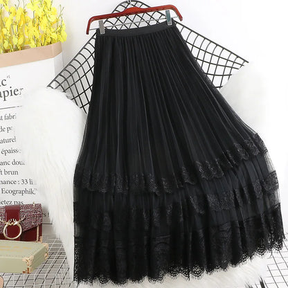 Fashion High Waist Tulle Midi Skirts Woman Lining Mesh Lace Patchwork Kawaii Harajuku Dance Bridesmaids Skirt Women