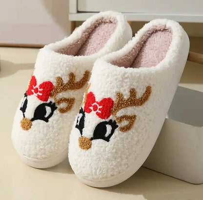 Christmas Elk Cotton Slippers For Women Men Winter Cute Cartoon Slippers Indoor Non Slip Couple Floor Slides Home Plush Shoes