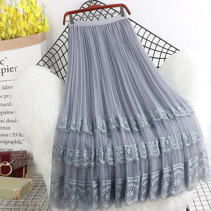Fashion High Waist Tulle Midi Skirts Woman Lining Mesh Lace Patchwork Kawaii Harajuku Dance Bridesmaids Skirt Women