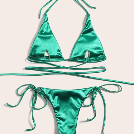 Halter Brazilian Metallic Satin Bikini Women Swimwear Female Swimsuit Two-pieces Bikini Set High Cut Bathing Suit Swim Beachwear