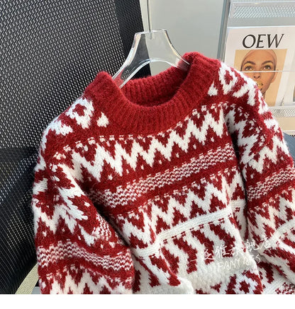 Vintage New Year Red Sweater Women's Autumn/Winter Outerwear Thickened Lazy Christmas Spirit Design Sensibility Loose-Fit Soft A