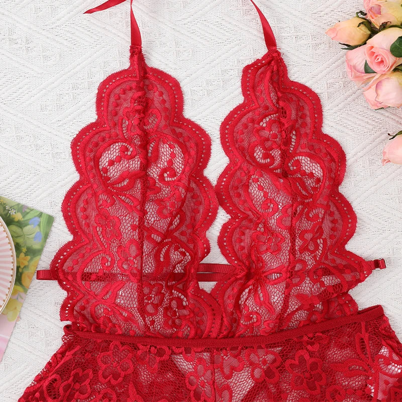 Women's Hollow Crotchless Bodysuit Slim Fit Erotic Mesh Lace Jumpsuit Bodysuit Summer Sexy Fashion Sleepwear Dress