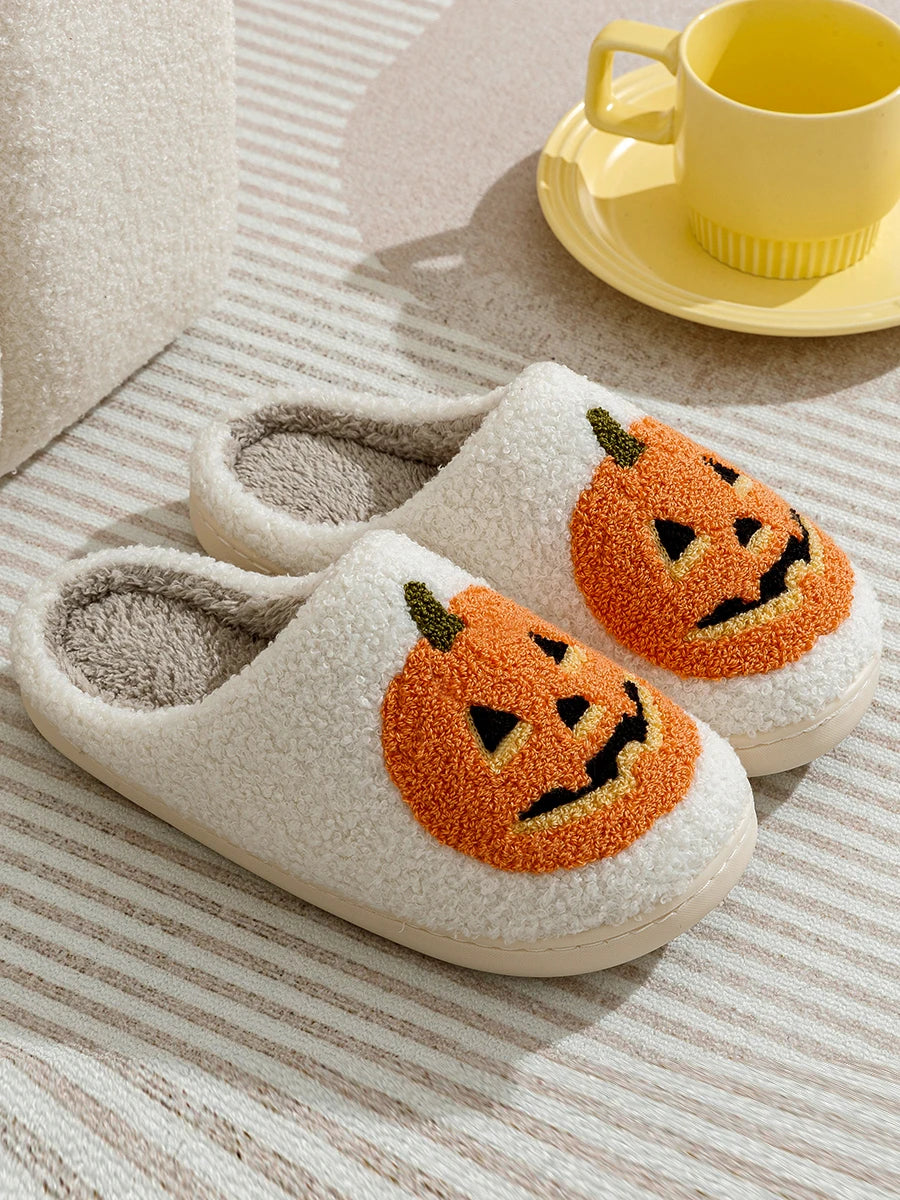 Smile Pumpkin Halloween Women's Slippers Winter Indoor Cartoon Comfort Home Bedroom Soft Causal Flat Plush Shoes for Gift