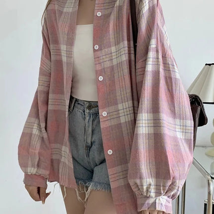 Plaid Shirt Women Autumn Long Sleeve Top Female Vintage Fashion Single Breasted Blouse Ladies Preppy Style Loose Check Shirts