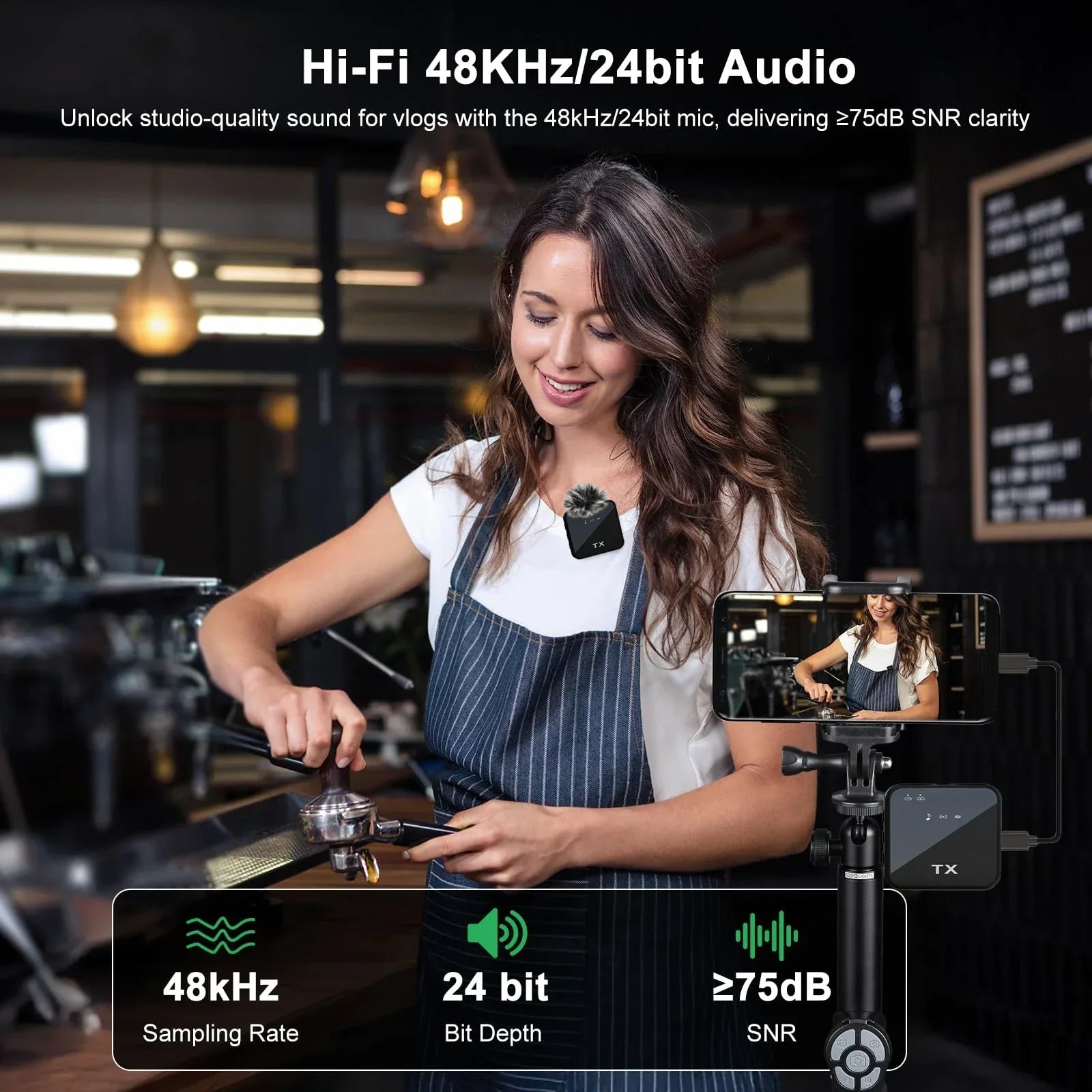 3in1 Microphone for iPhone/Android, Wireless, 328ft Transmission, Mini Microphone for Record Interview