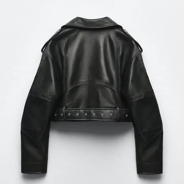 Ailegogo Spring Autumn Women Faux Pu Leather Short Jacket with Belt Motorcycle Biker Female Zipper Lapel Loose Coat Outwear