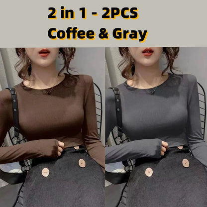 Autumn Office Lady Basic O-Neck Slim T-Shirt Women Solid Multi Color All-Match Trend Casual Top Screw Thread Long Sleeve Elastic