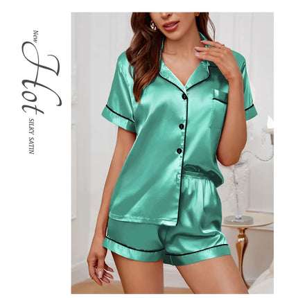 Womens Satin Pajamas Set Luxurious Short Sleeve Turn-down collar Button Top & Shorts Sleepwear & Loungewear for Summer Nightwear