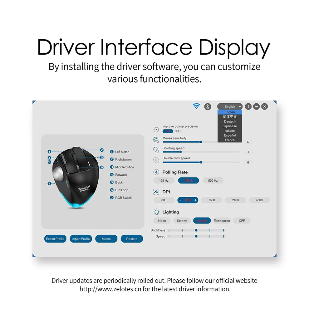 Wireless Bluetooth Trackball Mouse 2.4G RGB Ergonomic Rechargeable Rollerball Mice 3 Device Connection Thumb Control for PC iPad