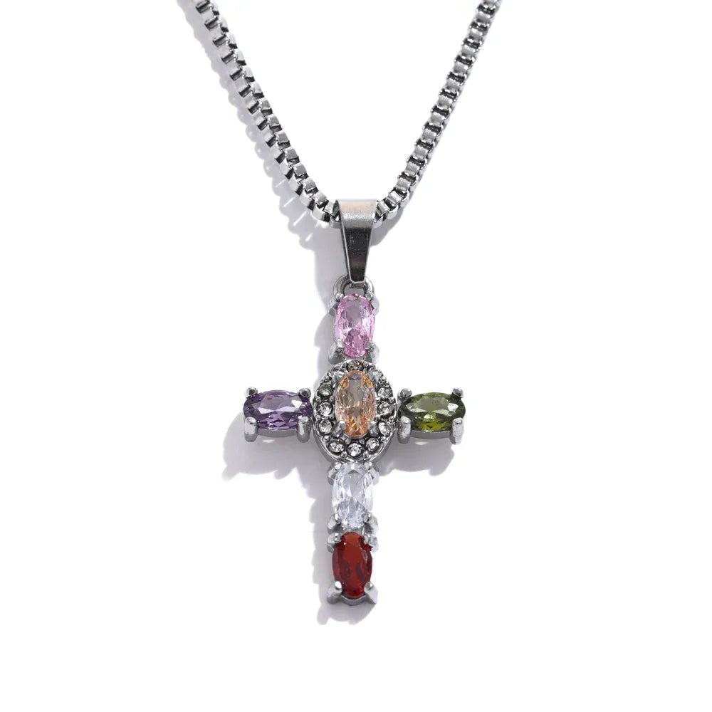Yhpup Delicate Colorful Bling Cubic Zirconia Cross Pendant Stainless Steel Luxury Necklace High-Grade Fashion Shiny Jewelry Gift