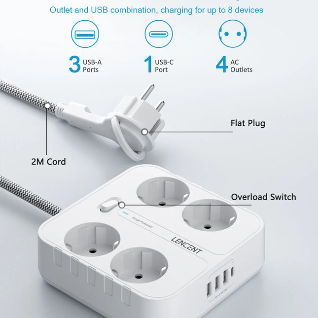 LENCENT EU Plug Power Strip with 4 AC Outlets+ 3 USB+ 1 Type C +2M/3M Braided Cable Multi Socket with Switch for Home/Office