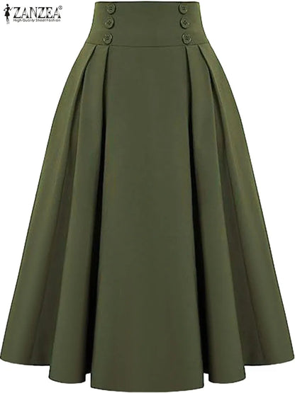 ZANZEA Women Solid Long Skirts Vintage High Waisted Pleating Jupe 2024 Summer Spring A-line Skirts Fashion Buttons Maxi Faldas