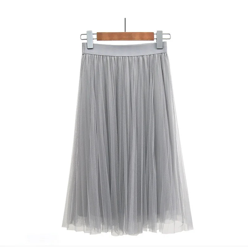 3 Layers Tulle Skirts Womens Black Gray White Adult Tulle Skirt Elastic High Waist Pleated Midi Skirt