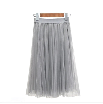 3 Layers Tulle Skirts Womens Black Gray White Adult Tulle Skirt Elastic High Waist Pleated Midi Skirt
