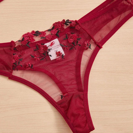 Women Floral Embroidory Underwear Set Sexy Lace Erotic Lingerie Female Bra And Brief Transparent Sensual Push Up Panty Patchwork