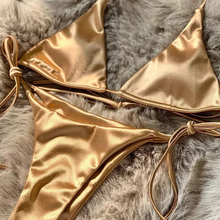Halter Brazilian Metallic Satin Bikini Women Swimwear Female Swimsuit Two-pieces Bikini Set High Cut Bathing Suit Swim Beachwear