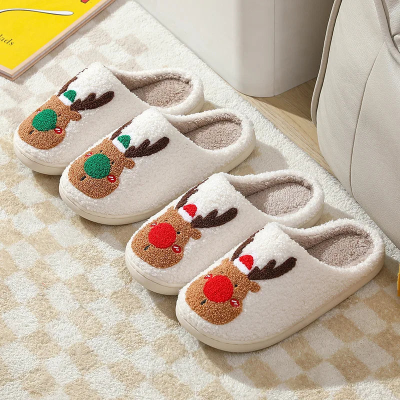 New Christmas Elk Cotton Slippers For Men Women Halloween Mask Home Slip Resistant Couples Indoor Plush Cotton Shoes In Winter