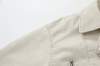 ZVRI 2024 Women Vintage Loose Pu Faux Leather Short Jacket with Belt Streetwear Female Zipper Retro Moto Biker Coat Outwear Tops