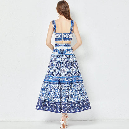 JAMERARY Summer Runway Blue And White Porcelain Two Piece Set Women Flower Print Short Crop Top + Holiday Beach Maxi Skirt Suits