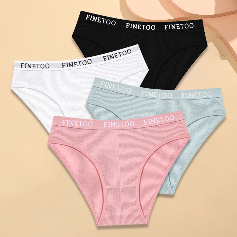 FINETOO 4Pcs Cotton Striped Underwear Women's Panties Letter Belt Briefs Ladies Low Waist Lingerie Solid Breathable Underpants