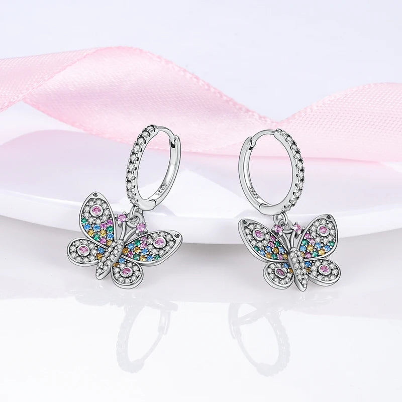 Genuine 925 Sterling Silver Love Feather Earrings Fit Original Charms Hoop  For Women girls Stud Earring Fine Jewelry Gifts