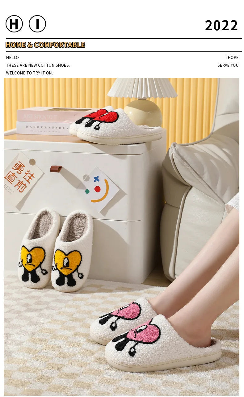 Winter Home Warm Women Slippers House Girl Fur Cute Bad Bunny Love Cushion Slides Bedroom Ladies Cotton Female Plush Shoes