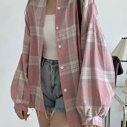 Plaid Shirt Women Autumn Long Sleeve Top Female Vintage Fashion Single Breasted Blouse Ladies Preppy Style Loose Check Shirts