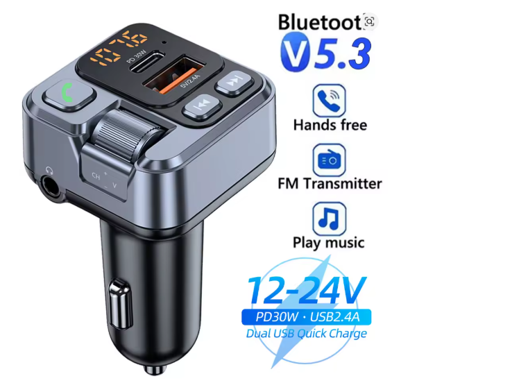 Car Bluetooth FM Transmitter with USB Receiver, U Disk Reader, PD 20W Fast Charging, Digital Display Car Adapter for Mobile Phones