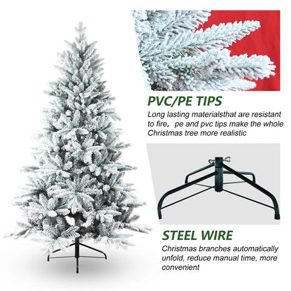 152/213cm Artificial Christmas Decoration Tree 694/1401 Branch Tips Flocked Xmas Tree Sturdy Metal Stand Auto-Spread/Close up