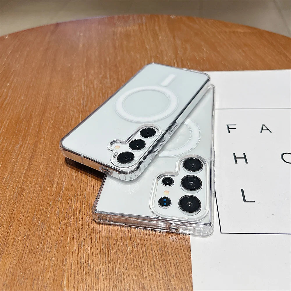 Magsafe Magnetic Charge Phone Case For Samsung Galaxy S25 S24 S23 Ultra S22 Plus S21 FE A16 A15 A35 A55 Clear Acrylic Slim Cover