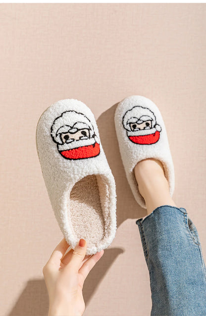 Christmas Home Warming Slippers for Women in Autumn and Winter Indoor Slip-Resistant Plush Home Shoes with Christmas Hat Unisex