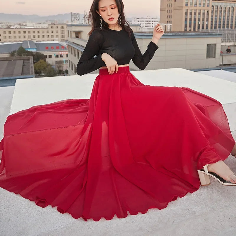 720 Degree Double Layer Chiffon Modern Dance Skirt Long Dress For Square Dance Practice Xinjiang Trousers