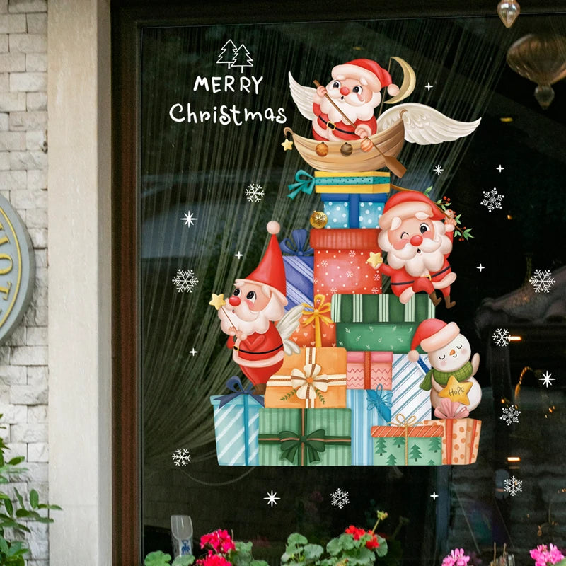 2024 Christmas Window Stickers Santa Claus Xmas Tree Cartoon Glass Decal Merry Christmas New Year Holiday Decorations for Home