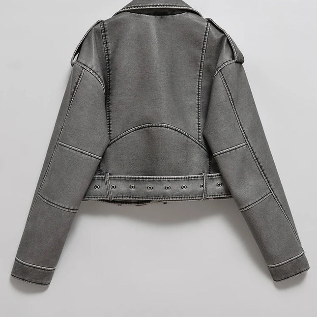 Ailegogo Women Vintage Loose Washed Faux Leather Short Jacket Streetwear Female Zipper Belt Moto Biker Retro Coat Outwear Tops