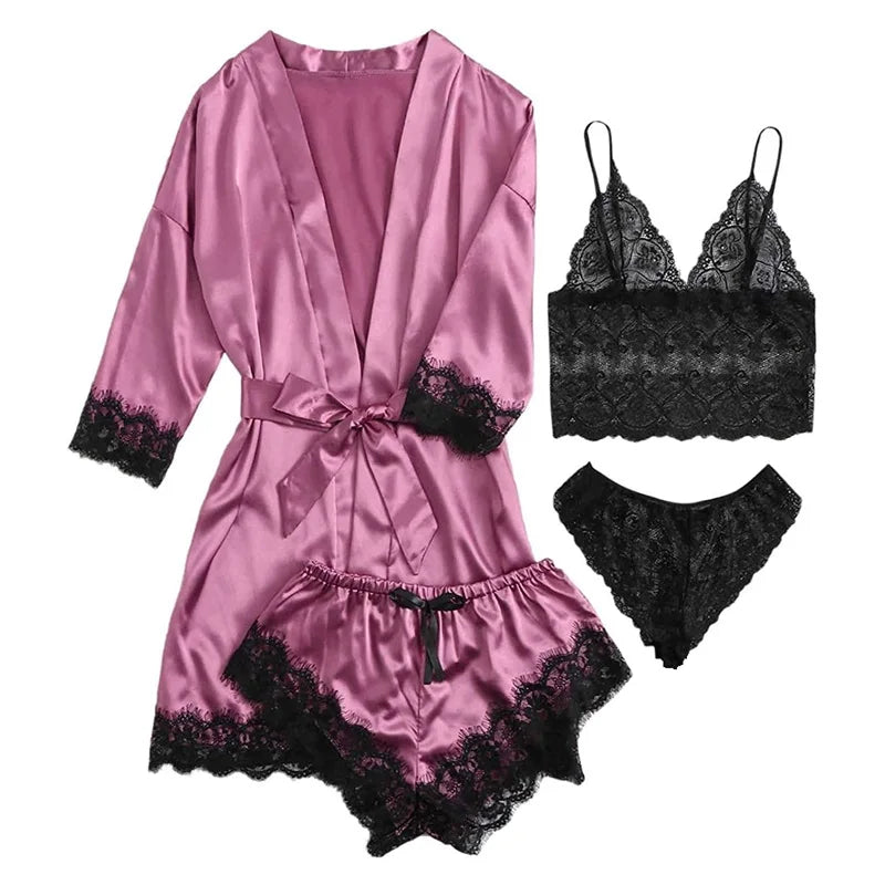 Women's Satin Pajama Set 4pcs Floral Lace Trim Cami Lingerie Sleepwear with Robe Sleepwear Lace Cami Shorts Loungewear Pink