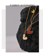 Yhpup Red Enamel White Natural Shell Stainless Steel Heart Pendant Necklace Trendy Exquisite Jewelry Attractive Accessories