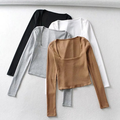 Women Cotton Ribbed Square Neck Crop Top With Long Sleeve