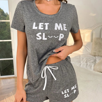 Women's new style pajamas set gray top letter shorts two-piece casual home wear