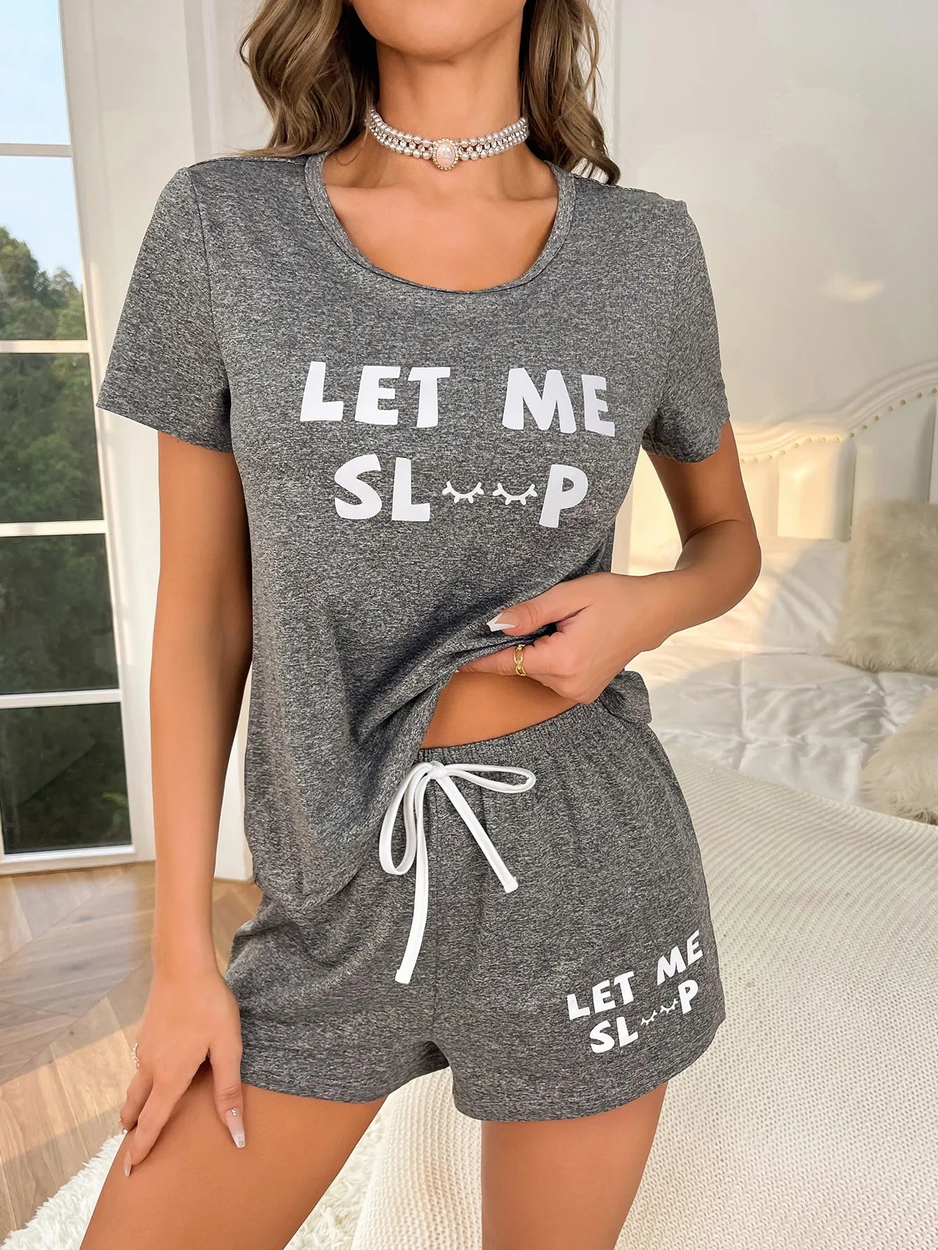 Women's new style pajamas set gray top letter shorts two-piece casual home wear