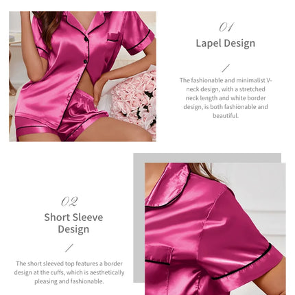 Womens Satin Pajamas Set Luxurious Short Sleeve Turn-down collar Button Top & Shorts Sleepwear & Loungewear for Summer Nightwear