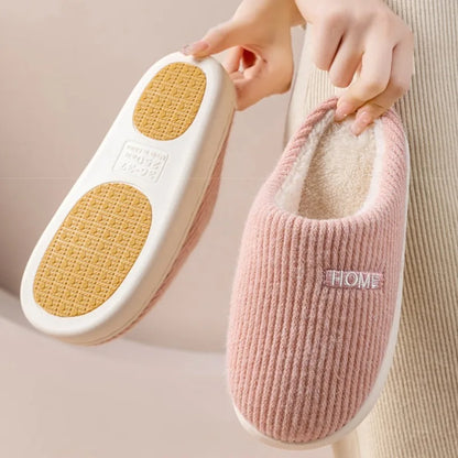 House Fuzzy Slipper Women Striped Winter Warm Fur Plush Non Slip Grip Indoor Lazy Soft Female Thermal Home Shoe Flat Male Men