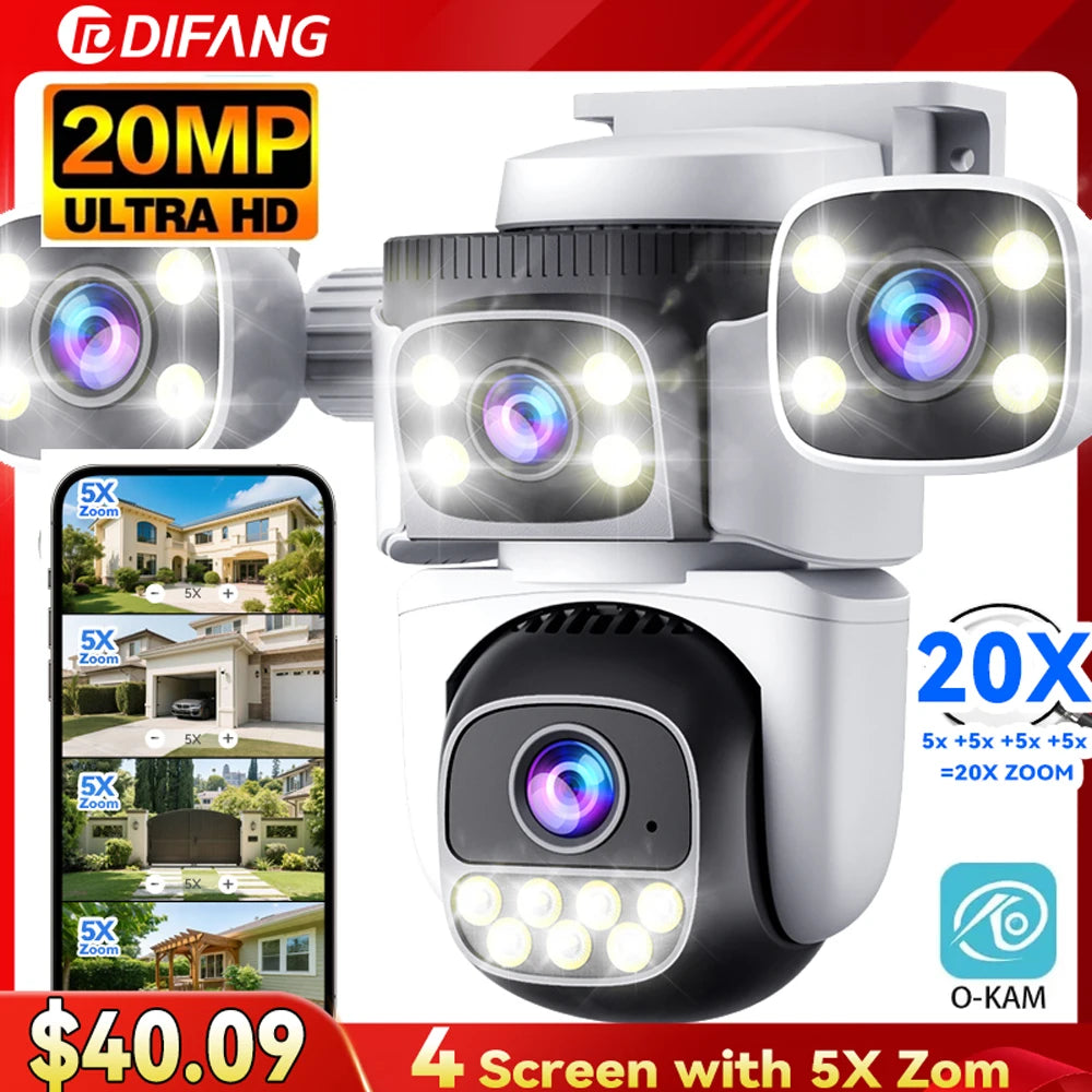 10K 20MP Four Screen Outdoor WiFi Cam PTZ 5X Zoom Night Vision Four Lens 10K Wireless CCTV Surveillance Cam Security Protection