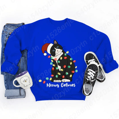 Christmas Light Cat Meowy Catmas Print Sweatshirt Autumn And Winter Sweatshirt Ladies Casual Long Sleeve Hoodless Pullovers Tops