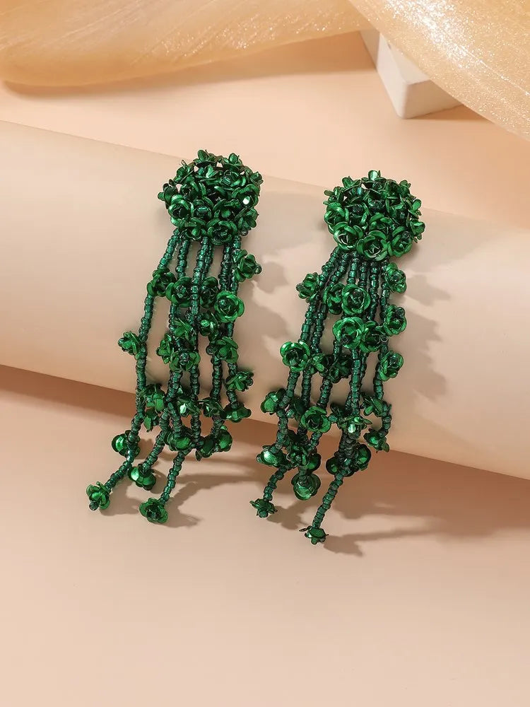 INS Japan and South Korea's popular floral tassels, silver needles, long rice bead earrings, earrings, accessories, commuting tr