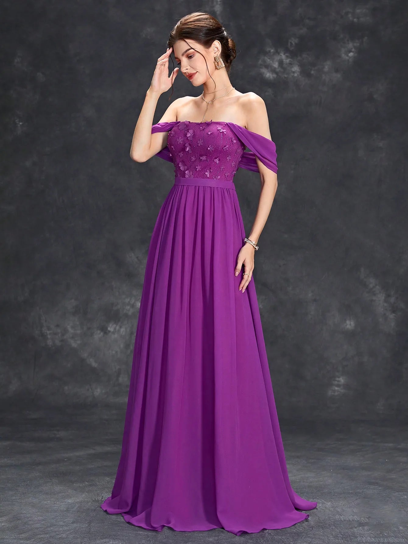 Mgiacy Line neck drop shoulder three-dimensional floral embroidery chiffon back drop scarf large evening ball dress Party dress