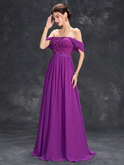 Mgiacy Line neck drop shoulder three-dimensional floral embroidery chiffon back drop scarf large evening ball dress Party dress