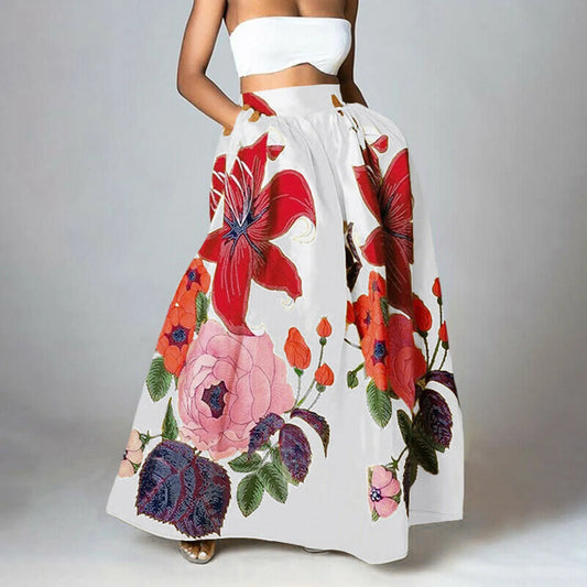 2024 New Women's Fashion Bohemian Style Floral Printed High Waisted Swing Skirt Casual Loose Pockets Oversize Half Body Skirt